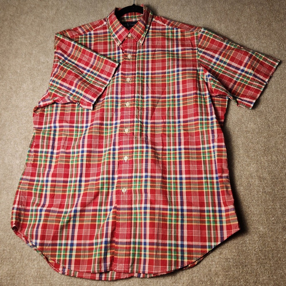 Ralph Lauren Plaid Shirt Mens Large Red Multi Classic Fit Short Sleeve Excellent - Picture 4 of 7